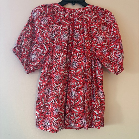 LOFT Red Floral Puff Sleeve Blouse Medium Boho Peasant Tunic Top - Picture 2 of 3